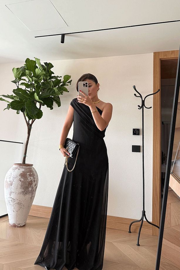 Tek Omuz Drape Yaka Elbise - 4