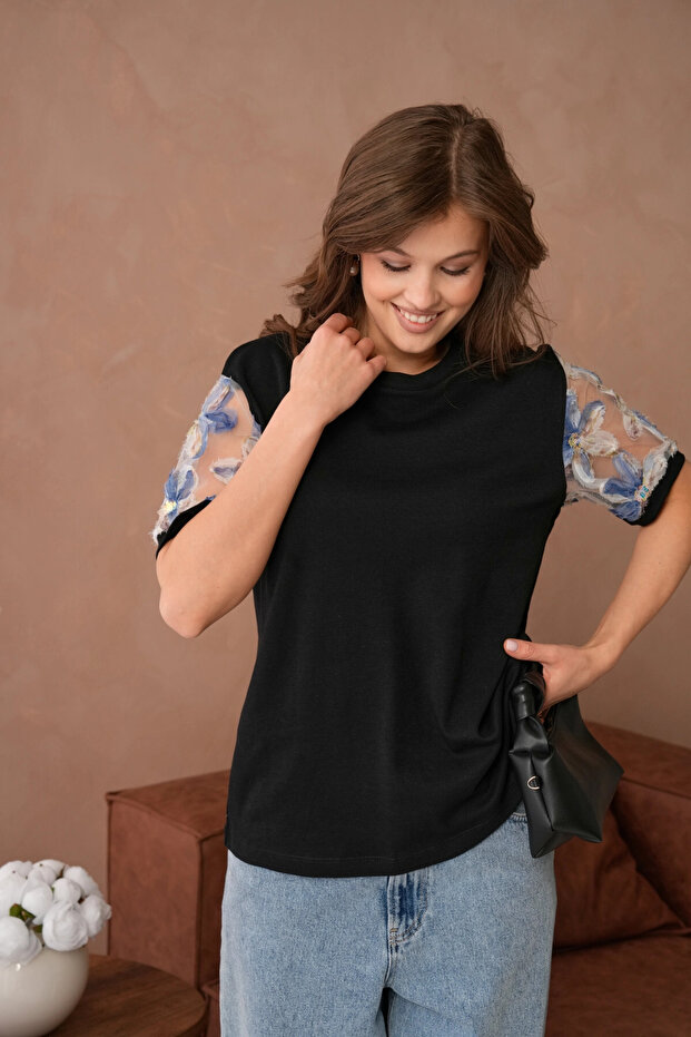 Tül Detaylı Basic T-Shirt - 6
