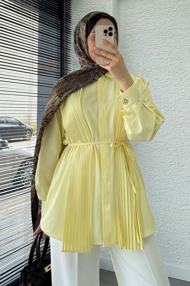 Pliseli Tasarım Poplin Tunik - Sarı - 4