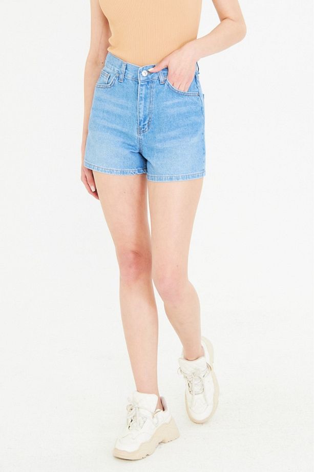 Kadın Mini Jean Şort, Yüksek Bel, Fermuarlı, 5 cep %100 pamuk Denim Kot @Potenza - 2