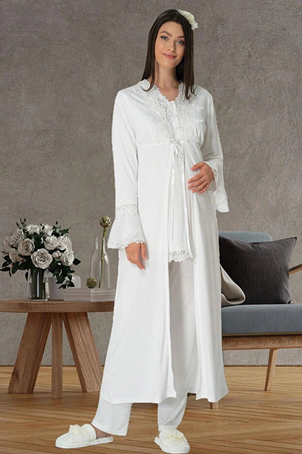 Ecru Special Design Lace Maternity Maternity Dress Pajama Set