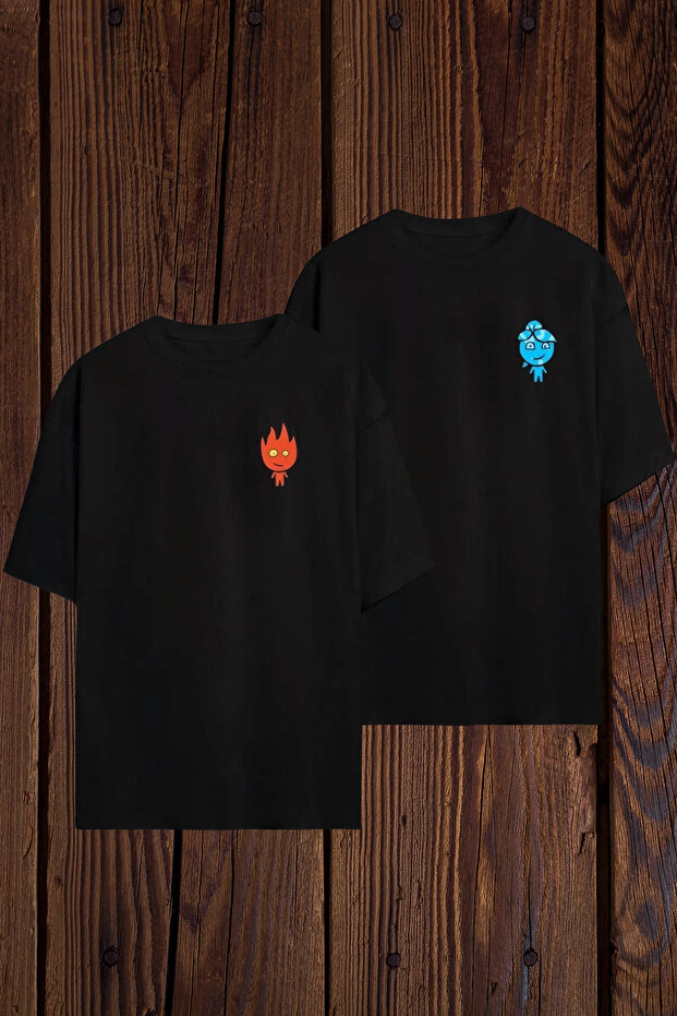 Fire and Water 2-Piece Couple Lover Combination T-Shirt - White Printed Oversize Crew Neck Short Sleeve