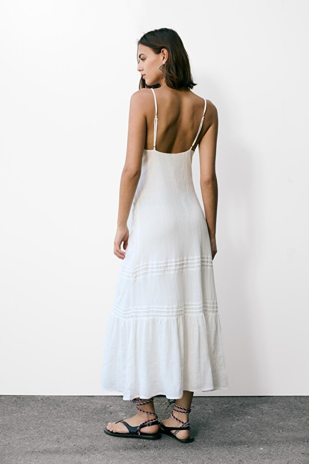 Dantel detaylı askılı uzun elbise - 4