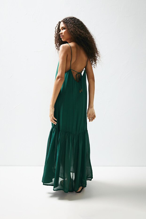 Boncuklu askılı midi elbise - 5