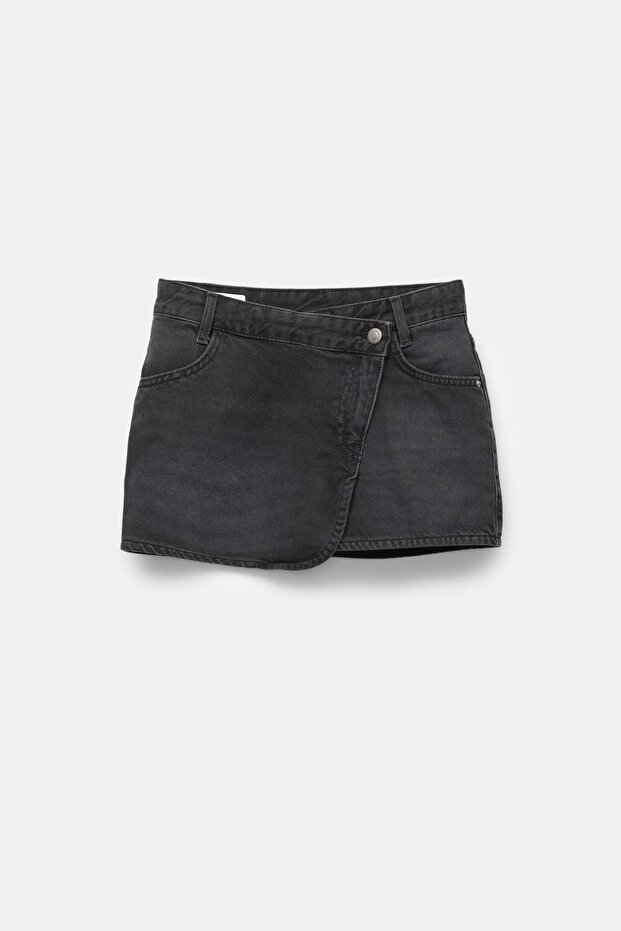 Çapraz denim mini etek - 6