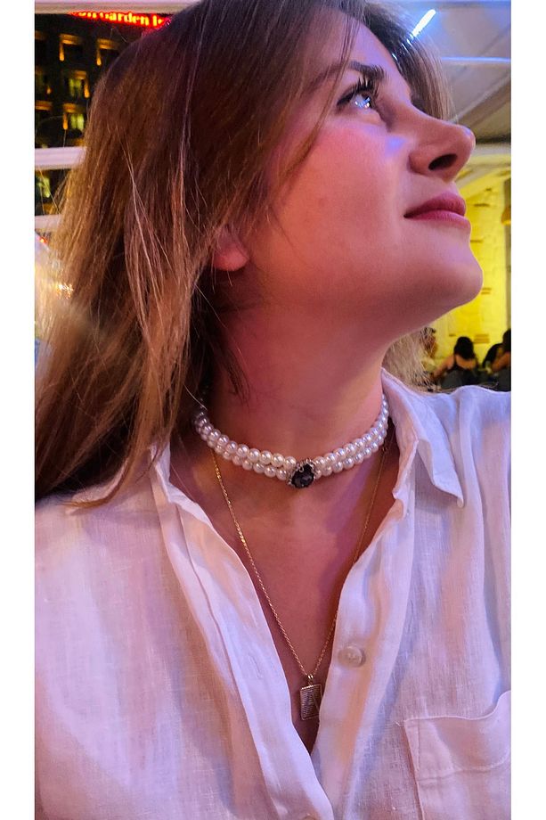 Antrasit kristal damla taş cam inci choker kolye - 1