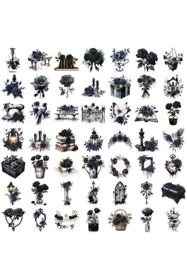 50B 50 Pcs Transparent Cartoon Dark Rose Sticker Pack Waterproof Transparent PET Decorative Guitar N