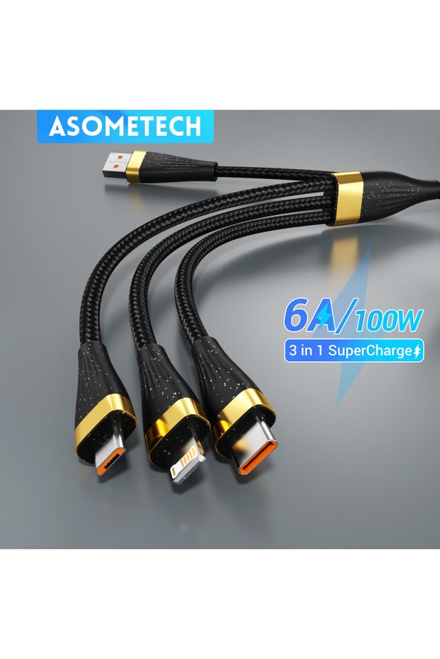 1.25 Meter ASOMETECH 3 in 1 USB Charge Cable 6A 100W for /Honor Portable Micro USB TypeC Cable Charg