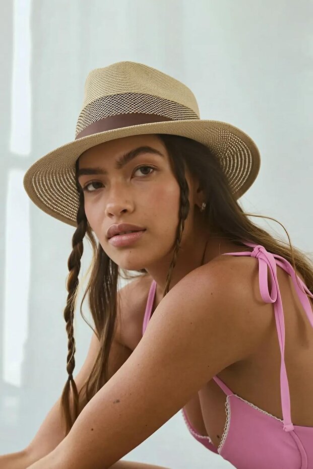 Women's Mesh Breathable Faux Leather Striped Straw Panama Hat-Camel