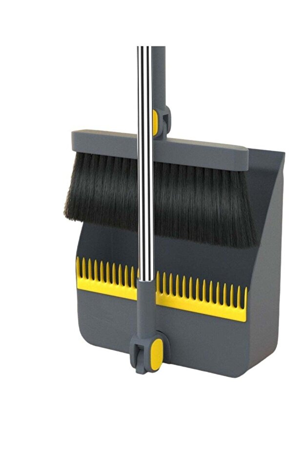Broom and Dustpan Set with Long Handle and Self-Cleaning Teeth Grey