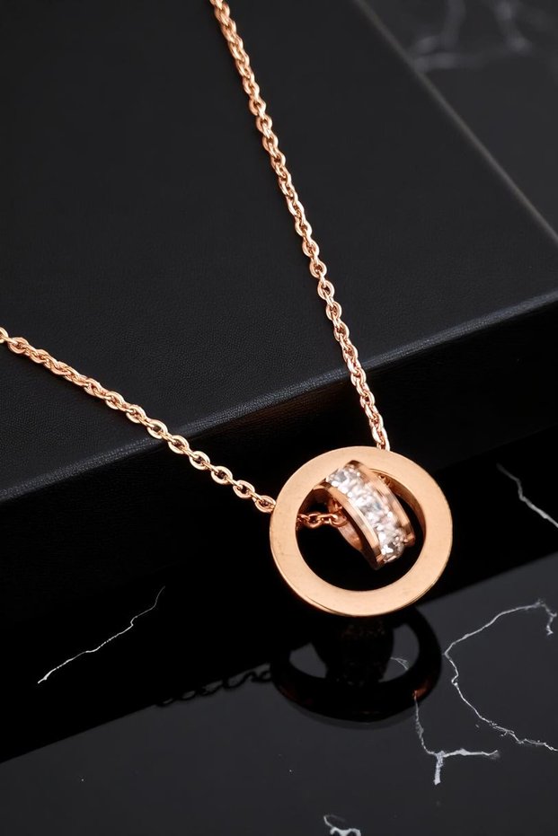 Women's Steel Chain Waterway Rose Plated Nested Ring Design Model Zircon Stone Necklace