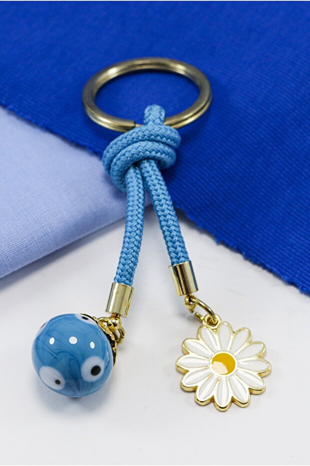 Blue Glass Evil Eye Beaded Daisy Keychain, Gift Glass Beaded Bag Ornament