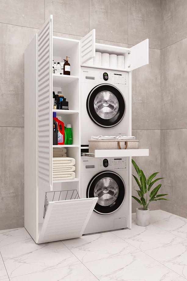 Mdf Çamaşır Makinesi Kurutma Makinesi Dolabı sepetli lake - 4