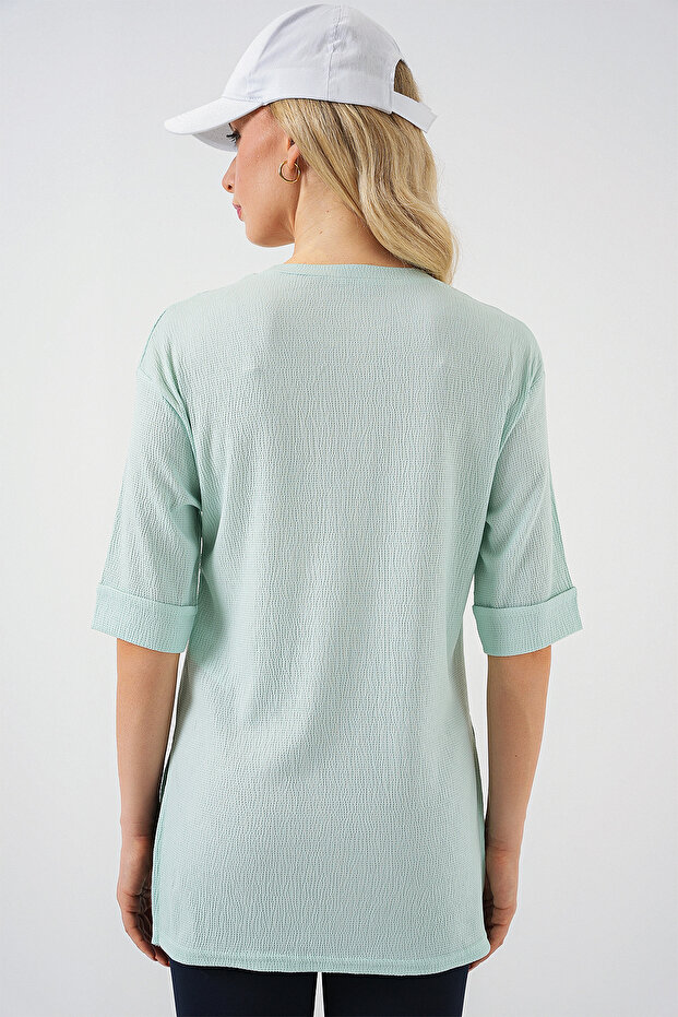 4332 Yanı Yırtmaçlı Örme Tişört - Mint - 5