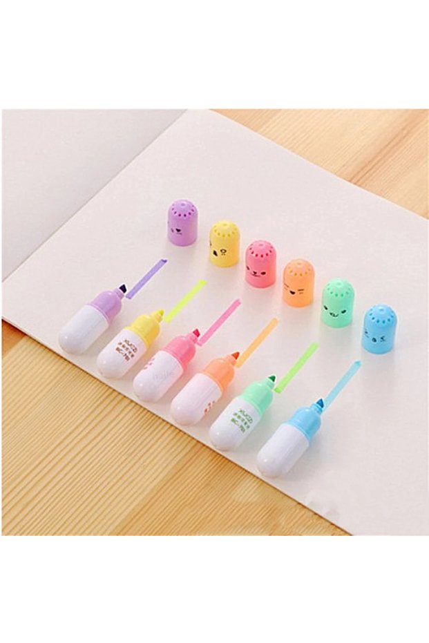 6 color-Pill 6Pcs Kawaii Mini Pills Highlighter Pen Set Cute Funny Smiling Face Fluorescent Marker P