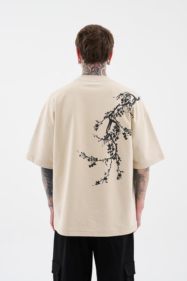 Erkek Floral 3D Printed Oversize Soft Bej Tişört - 6