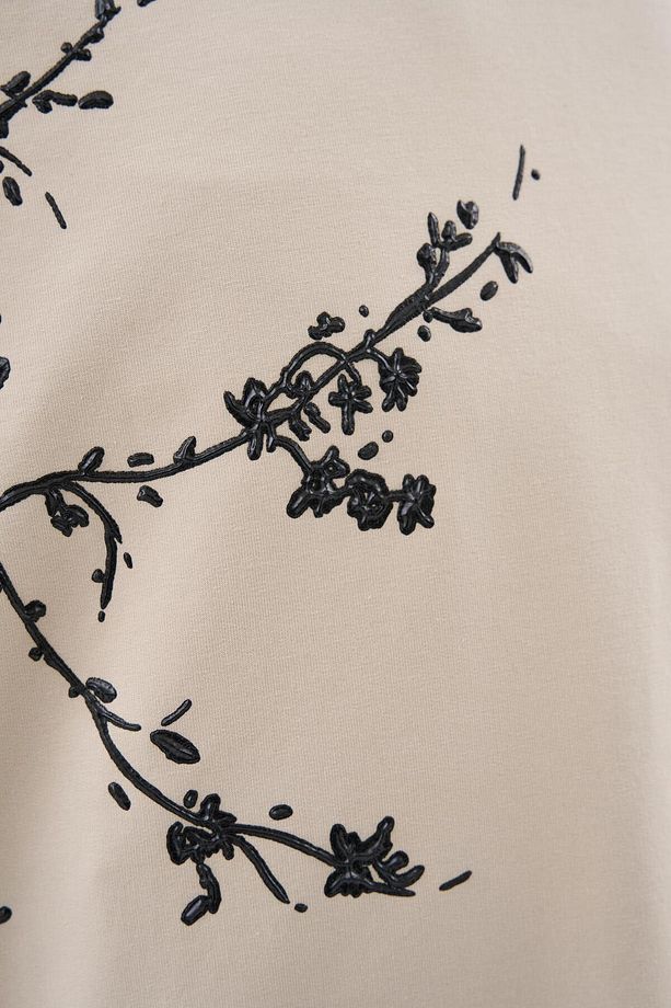 Erkek Floral 3D Printed Oversize Soft Bej Tişört - 3