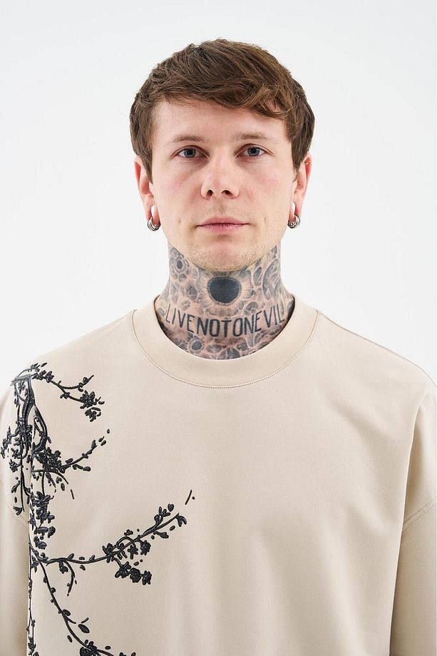 Erkek Floral 3D Printed Oversize Soft Bej Tişört - 7