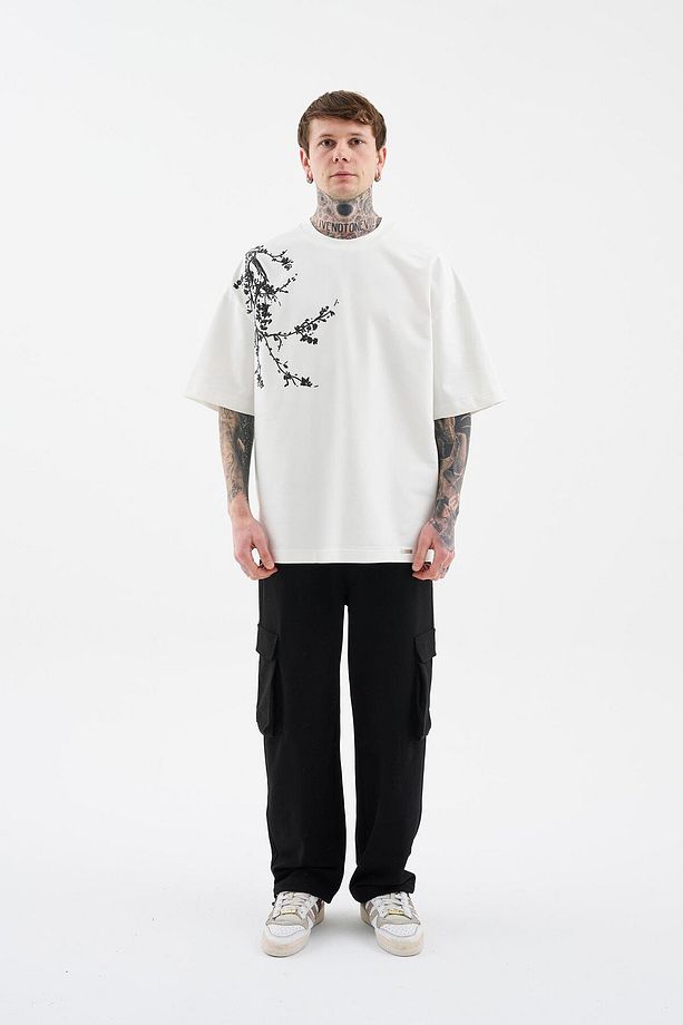 Erkek Floral 3D Printed Oversize Ekru Tişört - 8