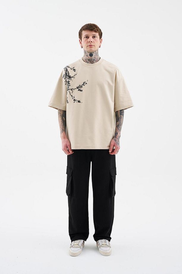 Erkek Floral 3D Printed Oversize Soft Bej Tişört - 8