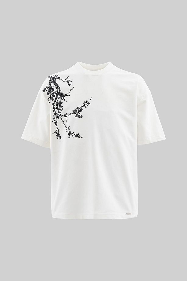 Erkek Floral 3D Printed Oversize Ekru Tişört - 1