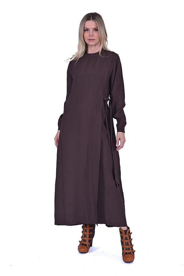 Yan Bağcıklı Elbise KAHVE - 2