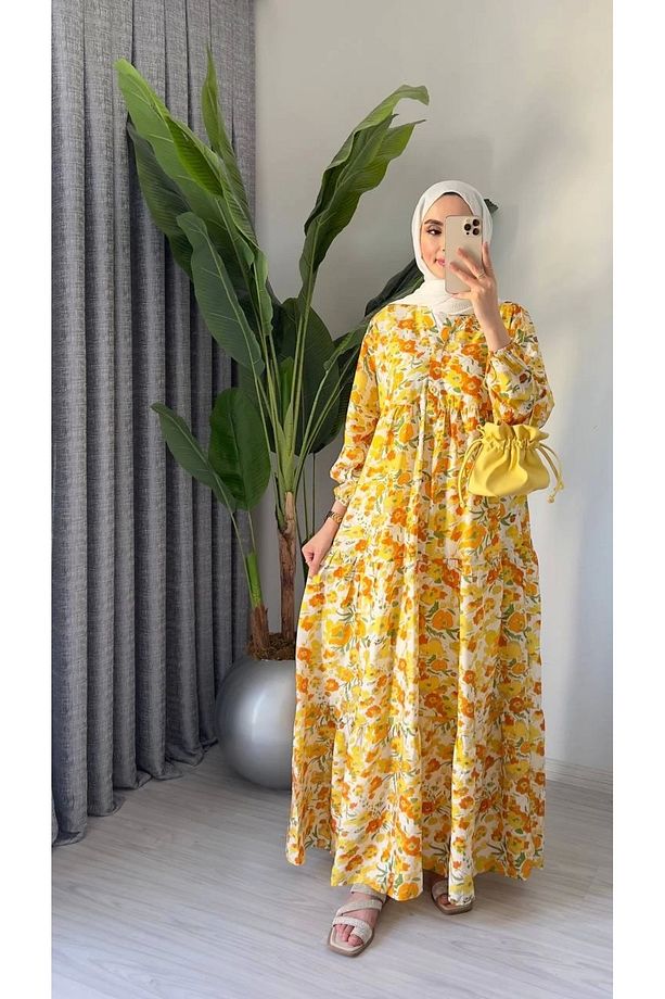Rana Çiçekli Elbise - Sarı - 3