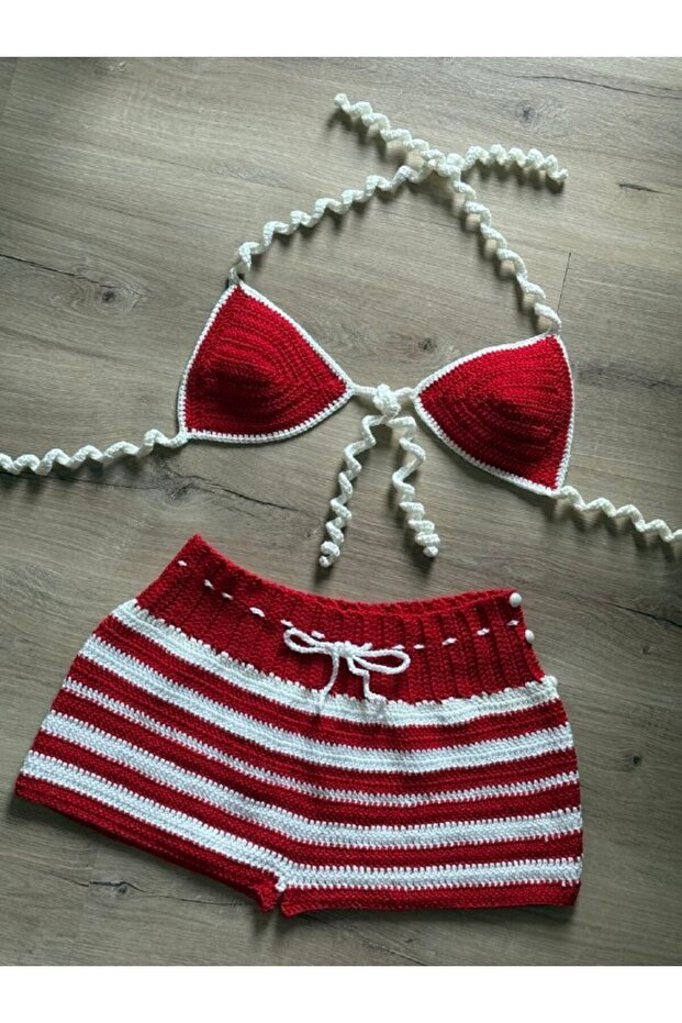 Lobster Handmade Red and White Tie-Up Knitted Bikini & Shorts Set – Water Resistant Crochet Set
