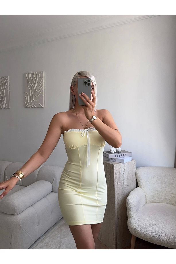 BSK Straplez Biyeli Elbise - SARI - 4