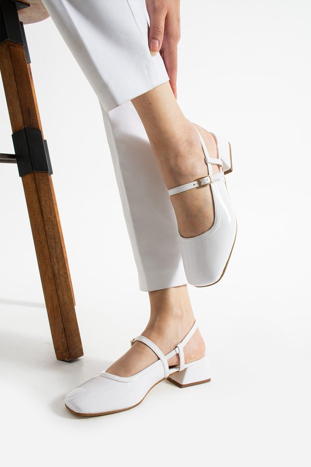 White Patent Leather Short Block Heeled Ballerina Shoes