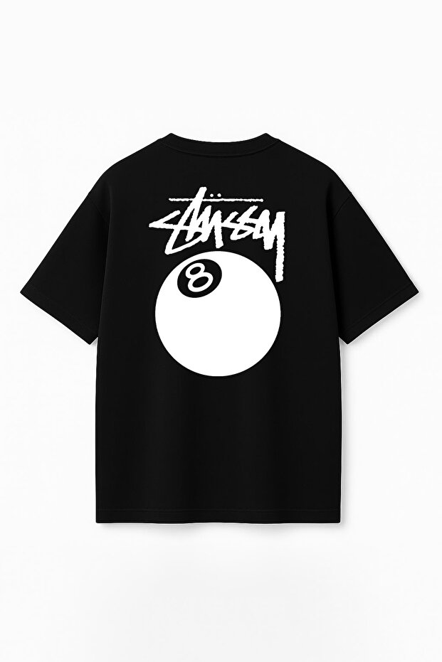 Unisex Stüssy Billiard Ball Printed Oversize 100% Cotton Wide Cut Crew Neck Black T-Shirt Rf0525
