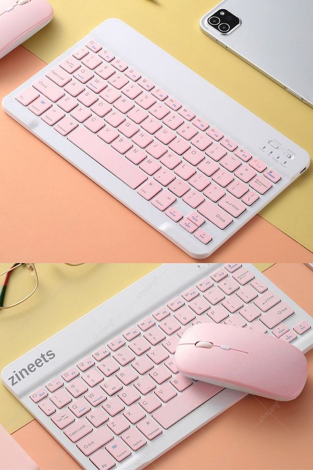 Kablosuz Şarjlı Bluetooth Pembe Klavye Mouse Seti Ultra Slim Tablet Telefon Windows Uyumlu - 7