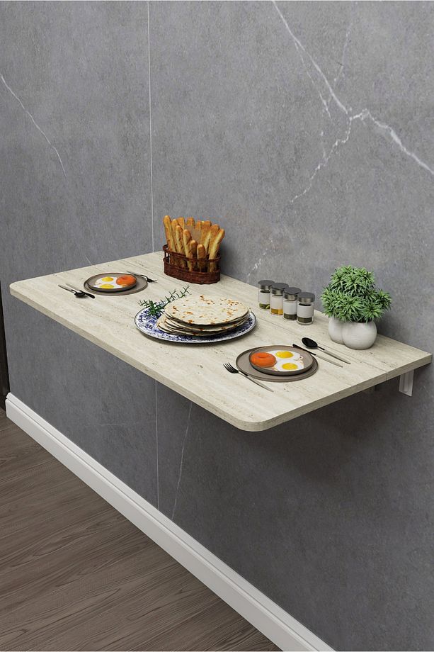 60x90 cm İskandinav Tarzı Duvara Monte Raflı Katlanır Masa – Traverten Desenli - 4