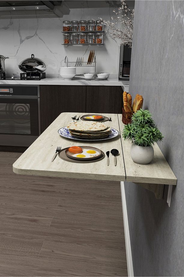60x90 cm İskandinav Tarzı Duvara Monte Raflı Katlanır Masa – Traverten Desenli - 3