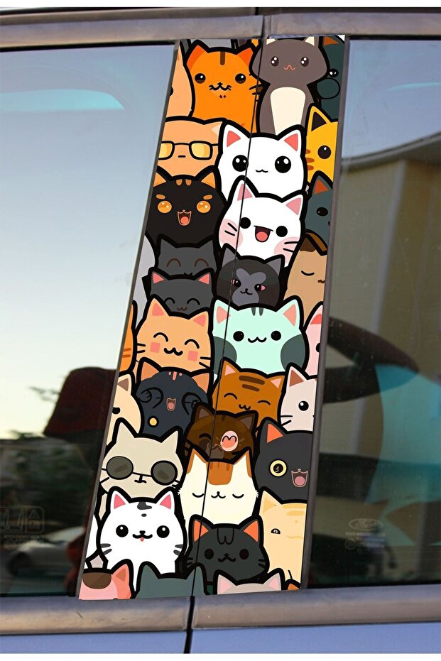 Crazy Cats Printed Car Door Post Covering Foil Sticker Set of 2 (Right & Left)