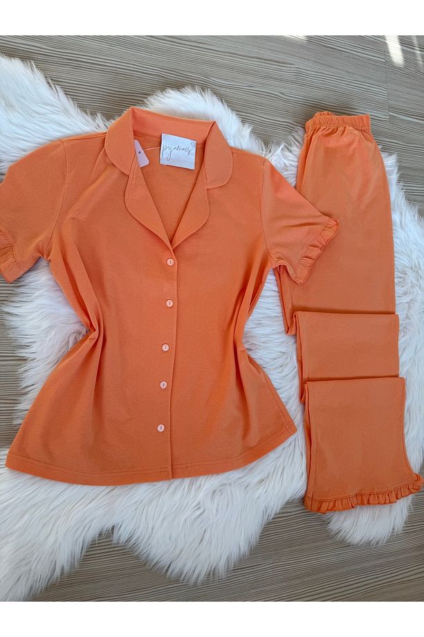 Turuncu Pamuklu Kol ve Paça Fırfır Detaylı Kısa Kol Önden Düğmeli Pijama Takımı - 3