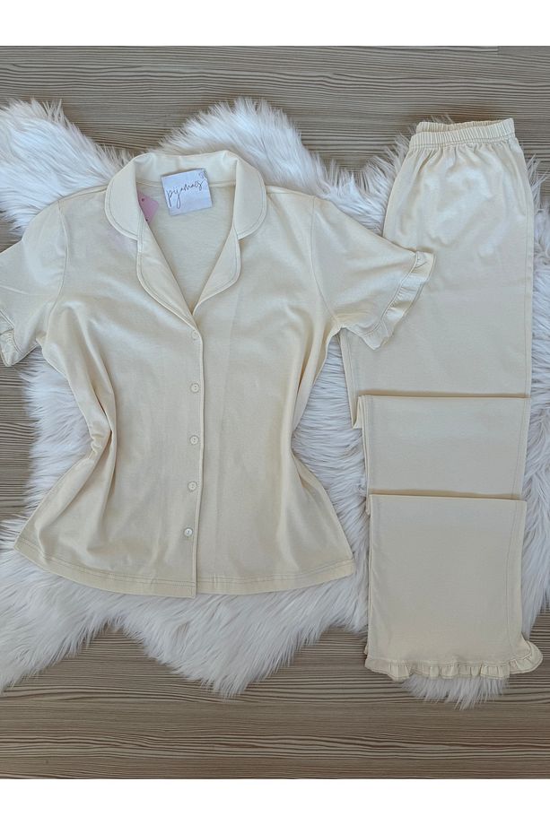 Ekru Pamuklu Kol ve Paça Fırfır Detaylı Kısa Kol Önden Düğmeli Pijama Takımı - 1