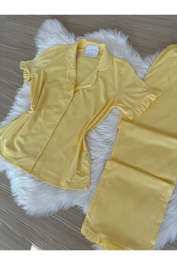 Sarı Pamuklu Kol ve Paça Fırfır Detaylı Kısa Kol Önden Düğmeli Pijama Takımı - 7