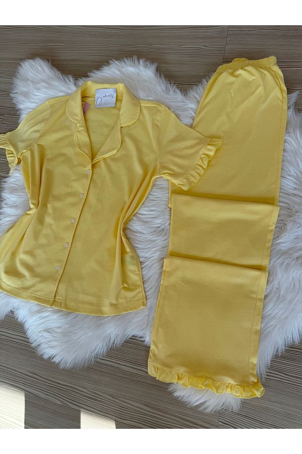 Sarı Pamuklu Kol ve Paça Fırfır Detaylı Kısa Kol Önden Düğmeli Pijama Takımı - 6