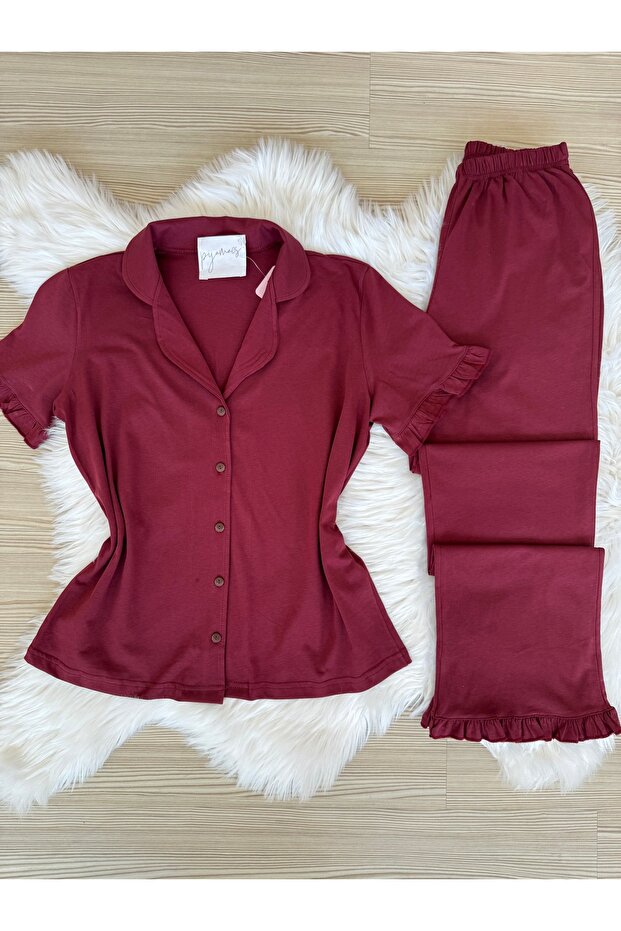 Cherry Rot Cotton Short Sleeve Front Button Pajama Set with Ruffle Detail on Sleeves and Legs