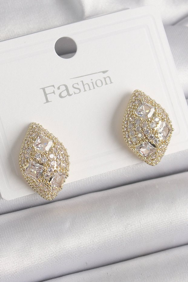 Brass Gold Color Zircon Stone Embroidered Drop Model Women's Earrings - Tj-Bkp9862