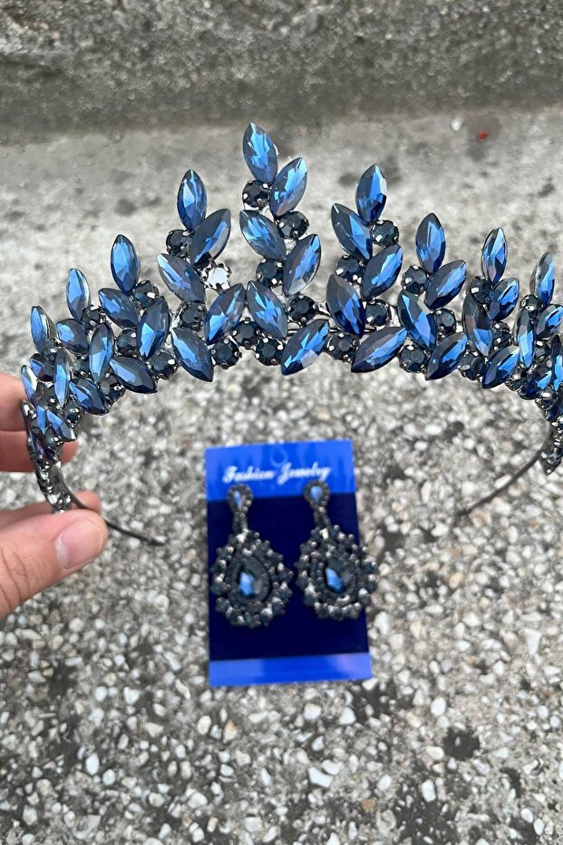 Regina Navy Blue Bridal Henna Crown Special Occasion Accessory Women's Crown and Drop Shuttle Earring Set