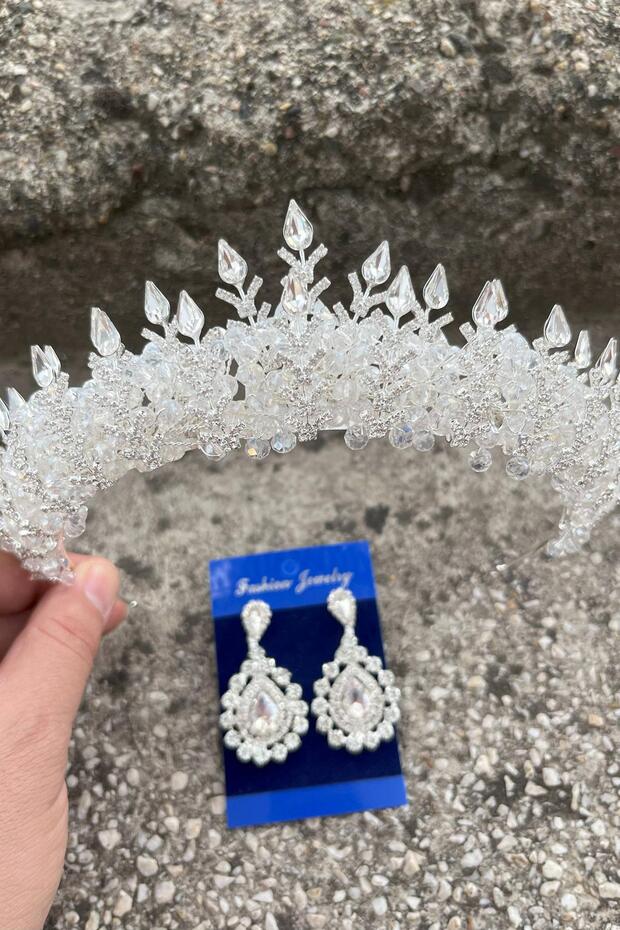 Salvatore Silver Bridal Henna Crown Special Day Accessory Women's Crown and Drop Shuttle Earrings Set