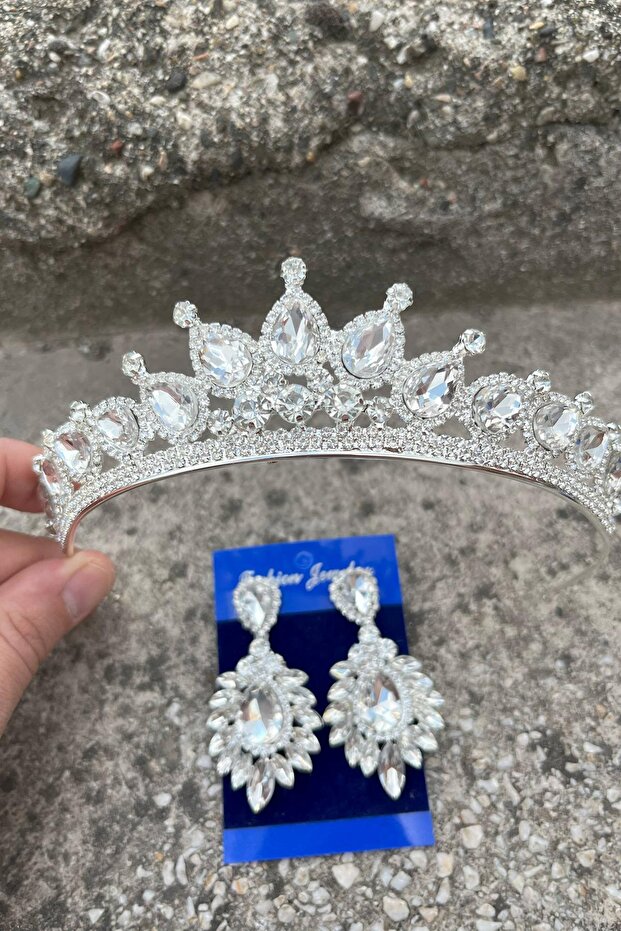 Renata Silver Bridal Henna Crown Special Occasion Accessory Women's Crown and Wide Shuttle Earrings Set