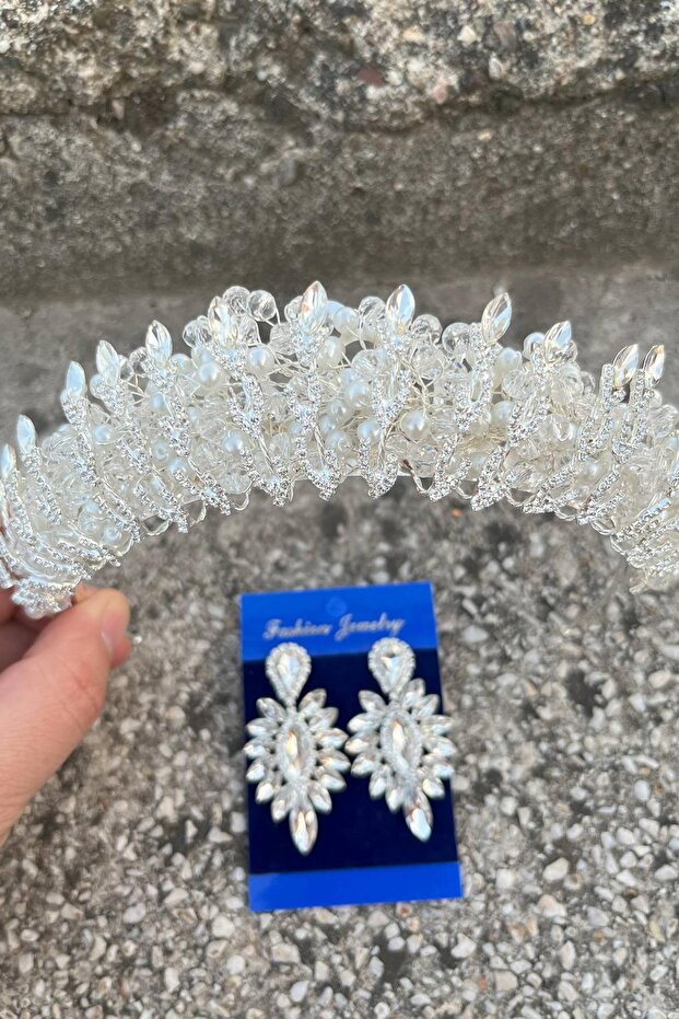 Salome Cream Pearl Bridal Henna Crown Special Occasion Accessory Women's Crown and Thin Shuttle Earring Set