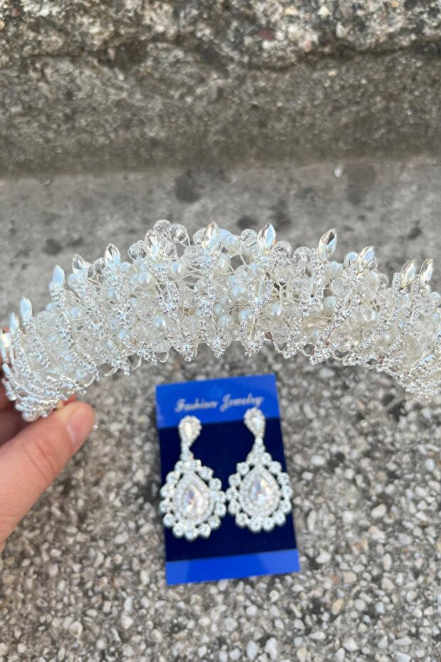 Salome Cream Pearl Bridal Henna Crown Special Day Accessory Women's Crown and Drop Shuttle Earring Set
