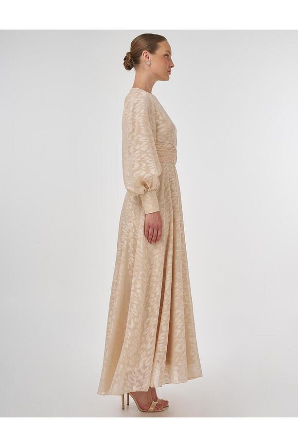 Drape Detaylı Jakarlı Elbise Kum Beji - 5