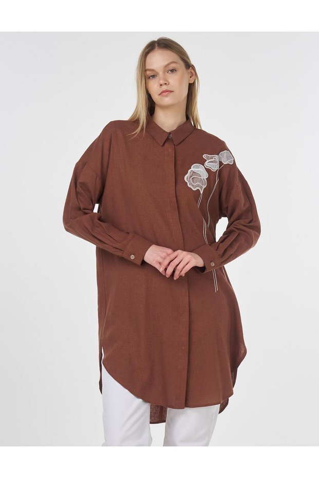 Floral Embroidered Linen Viscose Tunic Brown