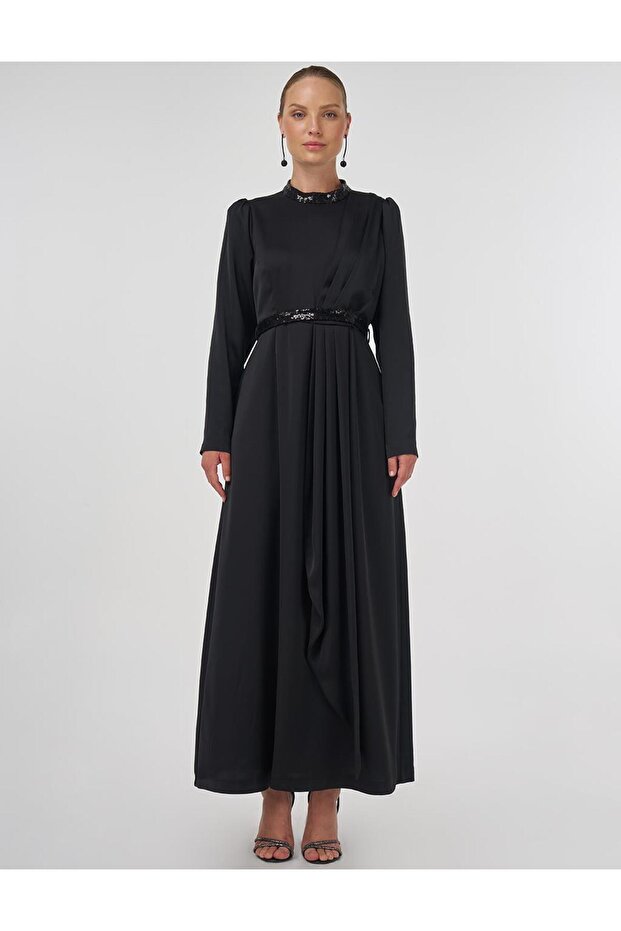 İşlemeli Saten Drapeli Elbise Siyah - 3