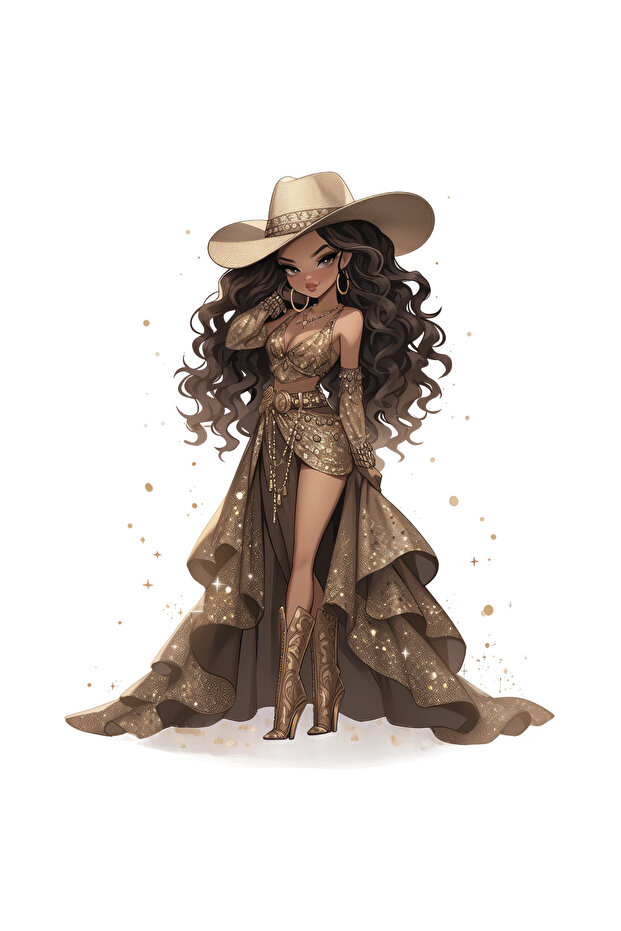 Cowgirl in Sparkling Gold Layered Dress Wall Sticker